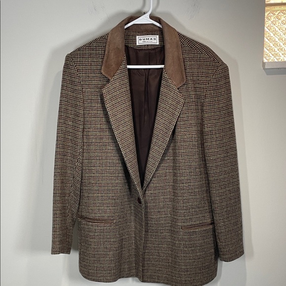 Pierre Dumas Brown Checkered Blazer with Suede collar - Picture 1 of 8